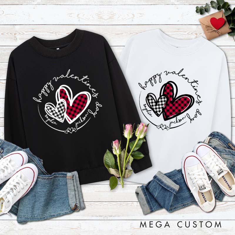 Personalized Couple Plaid Heart Matching Sweatshirt with Name Couple Valentine's Day Sweatshirt for Husband Wife Boyfriend Girlfriend