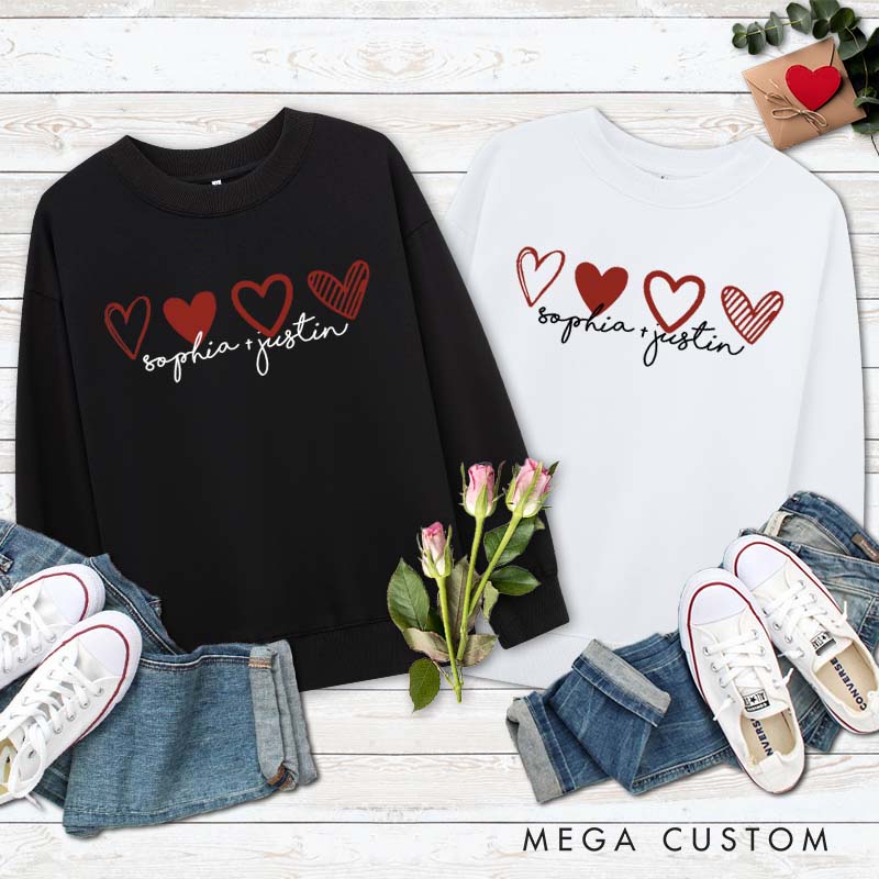 Personalized Couple 4 Red Hearts Matching Sweatshirt with Name Couple Valentine's Day Sweatshirt for Husband Wife Boyfriend Girlfriend