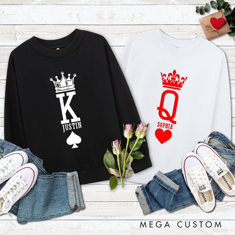 Personalized Couple Minimalist King and Queen with Crown Matching Sweatshirt Couple Valentine's Day Sweatshirt for Husband Wife Boyfriend Girlfriend