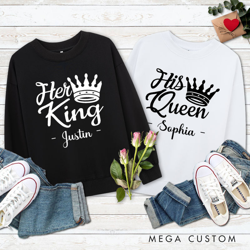 Personalized Couple Elegant Her King and His Queen with Crown Matching Sweatshirt Valentine's Day Sweatshirt for Husband Wife Boyfriend Girlfriend