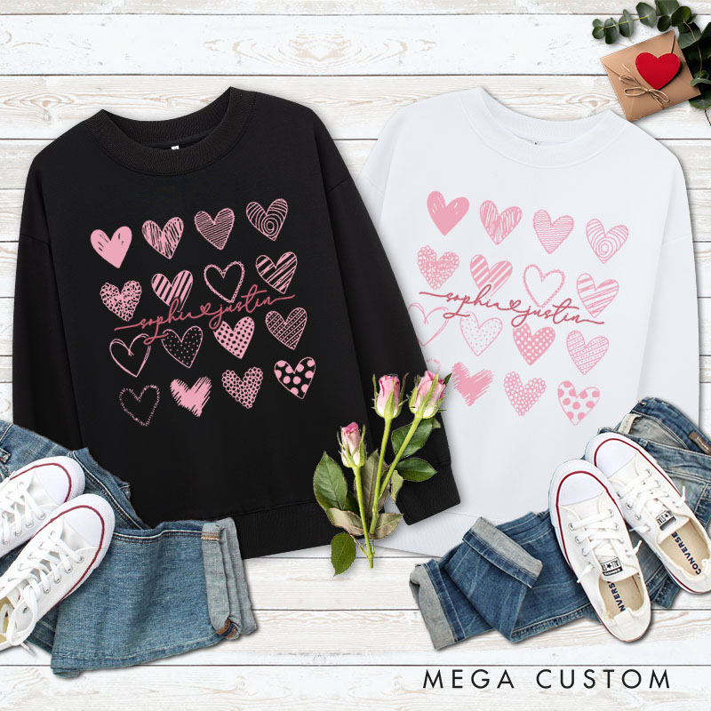 Personalized Couple charming Pink Hearts Matching Sweatshirt with Name Couple Valentine's Day Sweatshirt for Husband Wife Boyfriend Girlfriend