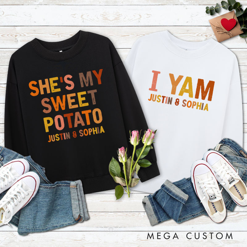 Personalized Couple Retro She's My Sweet Potato and I Yam Matching Sweatshirt Couple Thanksgiving Sweatshirt for Husband Wife Boyfriend Girlfriend