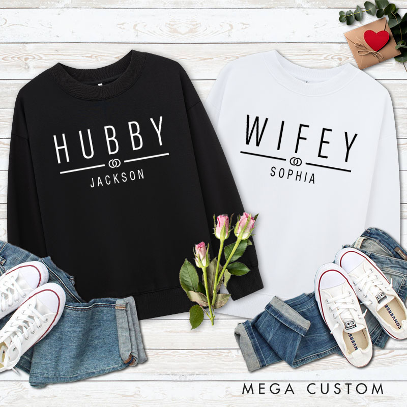 Personalized Couple Hubby and Wifey with Ring Matching Sweatshirt Couple Valentine’s Day Sweatshirt for Husband Wife Hubby Wifey