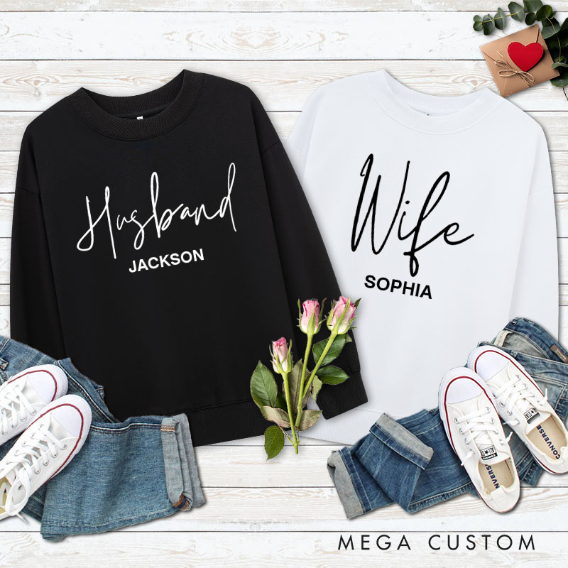 Personalized Couple Husband and Wife Matching Sweatshirt with Name Couple Valentine’s Day Sweatshirt for Husband Wife Hubby Wifey