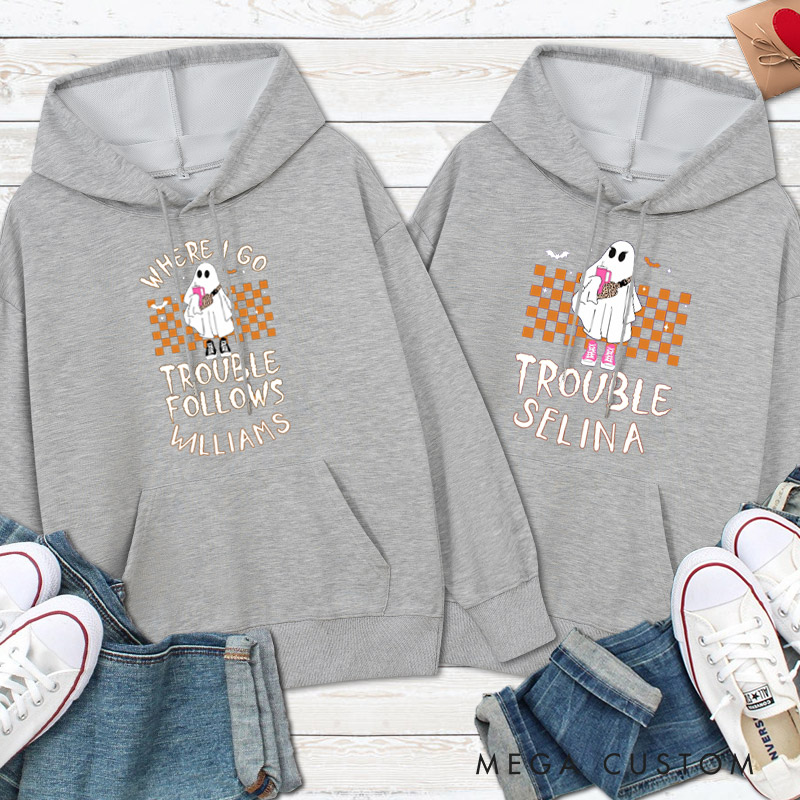 Personalized Where I Go Trouble Follows Ghost with Checkered Background Couple Hoodie