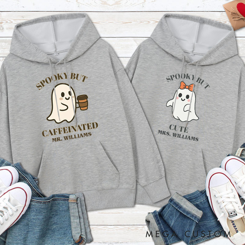 Personalized Spooky but Caffeinated and Spooky but Cute Ghost Halloween Couple Hoodie