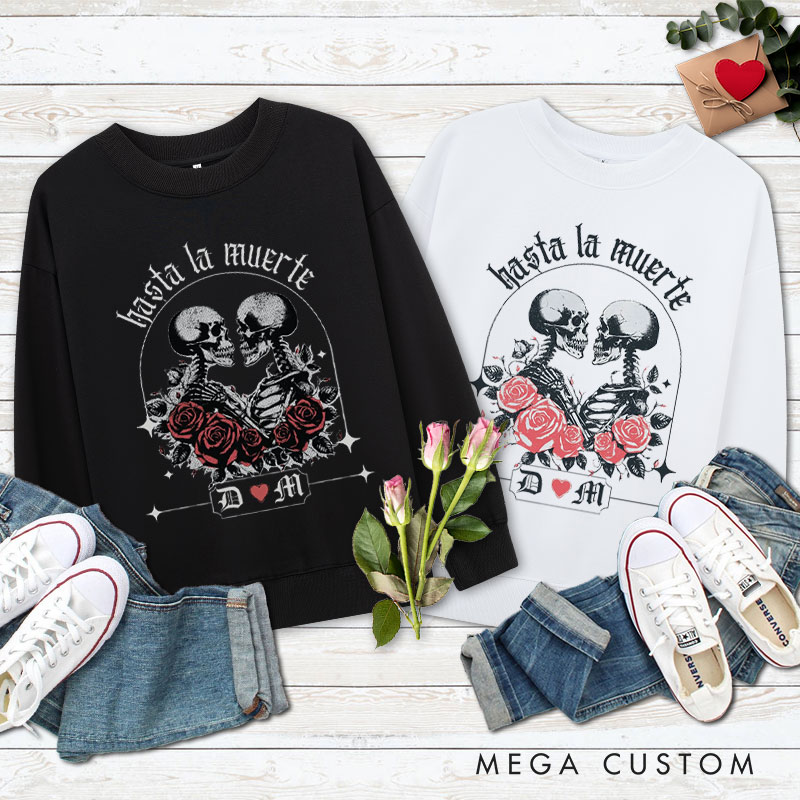 Personalized Hasta La Muerte Skeleton Couple with Roses Halloween Couple Sweatshirt