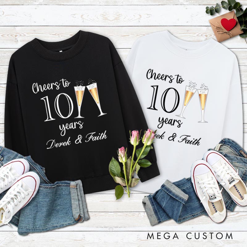 Personalized Couple 10th Anniversary Sweatshirt Cheers to 10 Years Sweatshirt Anniversary Gift Champagne Outfit for Wife Husband Couple Gift Top