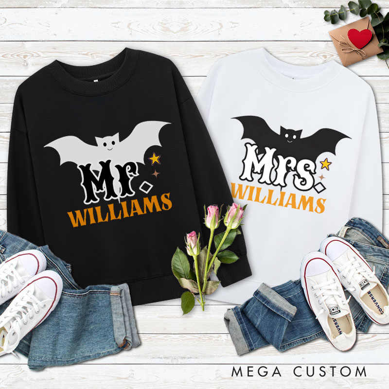 Personalized Mr and Mrs Bat Design with Halloween Theme Couple Sweatshirt