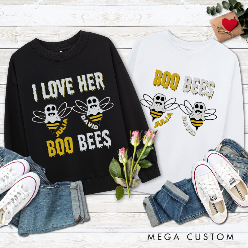 Personalized I Love Her Boo Bees and Boo Bees Halloween Couple Sweatshirt