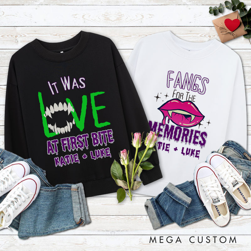 Personalized Love at First Bite & Fangs for the Memories Halloween Couple Sweatshirt