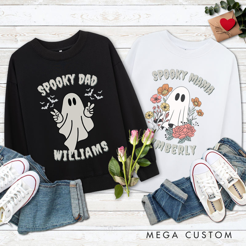 Personalized Spooky Dad and Spooky Mama Couple Ghost Halloween Couple Sweatshirt