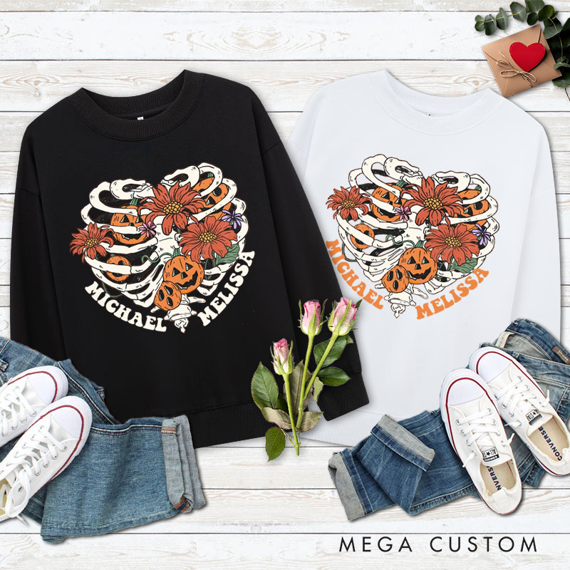 Personalized Floral Skeleton Ribcage with Pumpkins Halloween Couple Sweatshirt