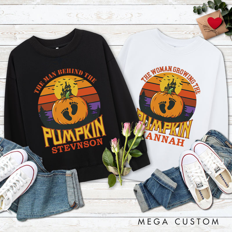 Personalized The Man Behind the Pumpkin and The Woman Growing the Pumpkin Halloween Couple Sweatshirt