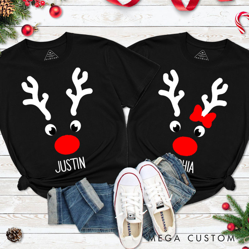 Personalized Couple Cute Reindeer Faces with Antler Christmas Matching T-Shirt Couple Xmas T-Shirt for Husband Wife Boyfriend Girlfriend