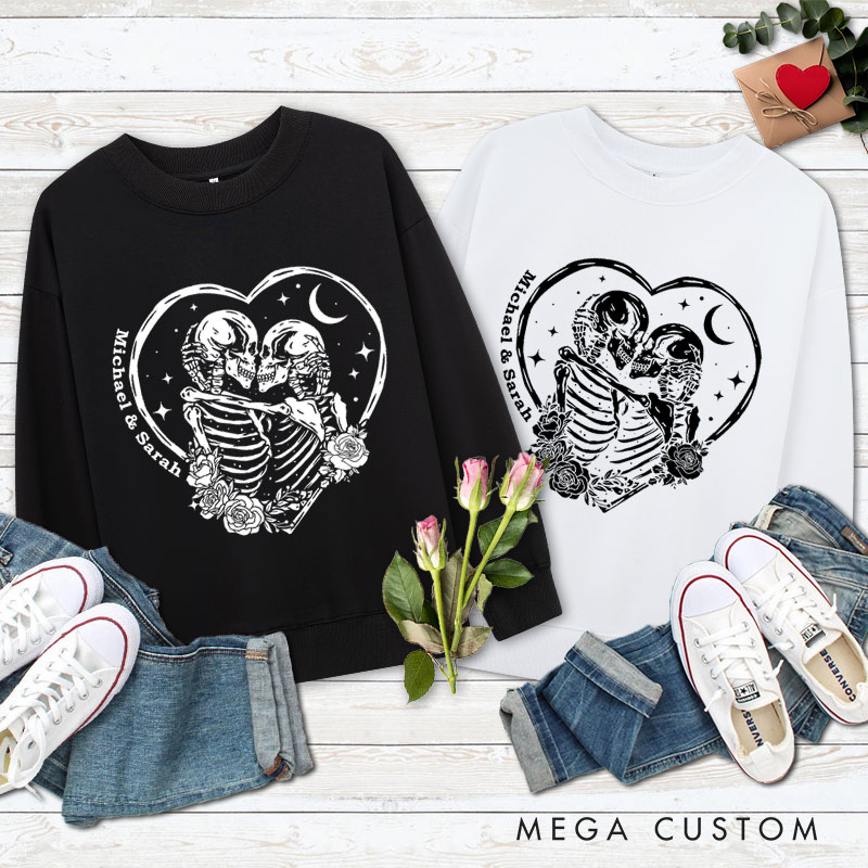 Personalized Eternal Love Skeleton Couple in Heart Halloween Couple Sweatshirt