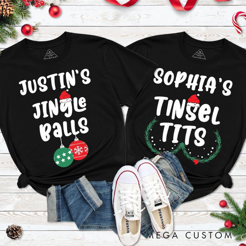 Personalized Couple Humor Jingle Balls and Tinsel Tits with Santa Hat T-Shirt Couple Xmas Matching T-Shirt for Husband Wife Boyfriend Girlfriend Tees