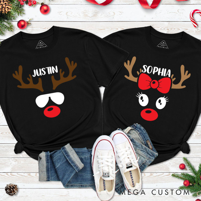 Personalized Couple Reindeer with Sunglasses Christmas T-Shirt Couple Xmas Reindeer with Bow Matching Shirt for Husband Wife Boyfriend Girlfriend Tees