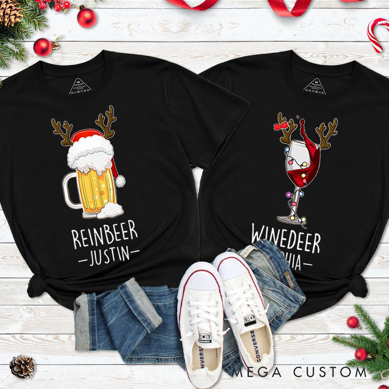 Personalized Couple Reinbeer and Winedeer Christmas Matching T-Shirt Couple Beer and Wine Xmas T-Shirt for Husband Wife Boyfriend Girlfriend Tee Tops