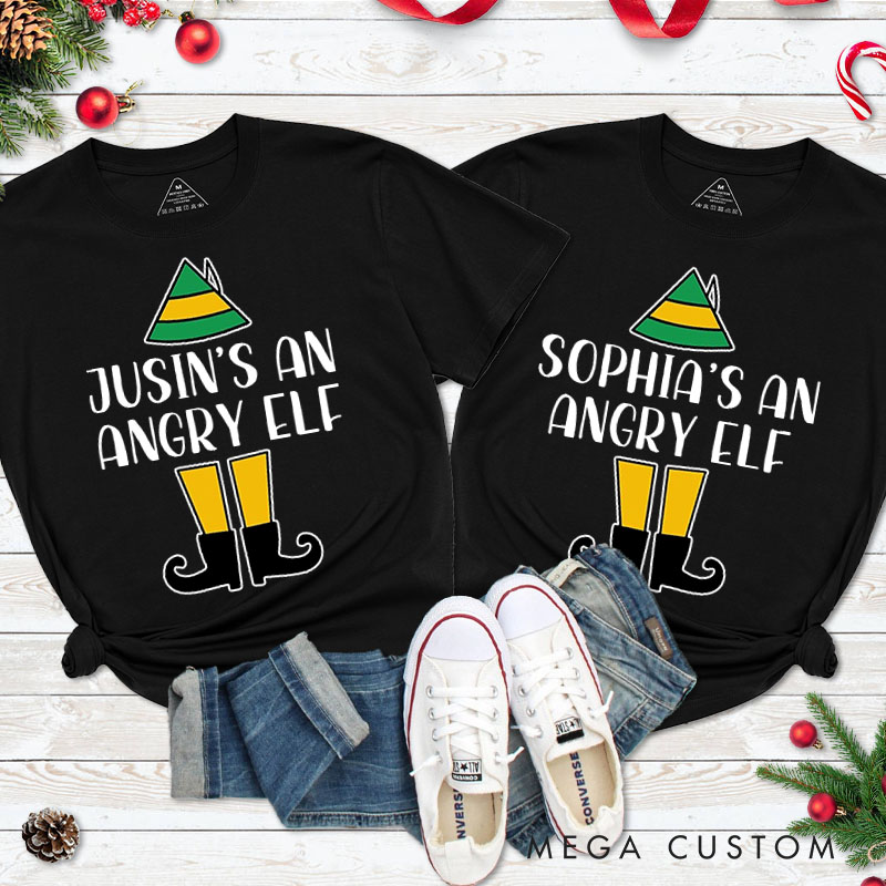 Personalized Couple She's an Angry Elf and He's an Angry Elf Christmas T-Shirt Couple Xmas Matching T-Shirt for Husband Wife Boyfriend Girlfriend Tees