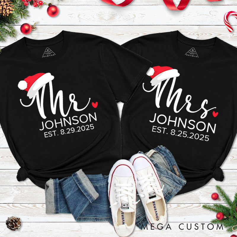Personalized Couple Elegant Mr. and Mrs. with Santa Hats Christmas T-Shirt Couple Xmas Matching T-Shirt for Husband Wife Boyfriend Girlfriend Tee Tops