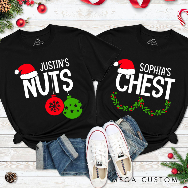 Personalized Couple Nuts with Xmas Ball and Chest with Wreath T-Shirt Couple Xmas Matching Shirts for Husband Wife Boyfriend Girlfriend Tee Tops