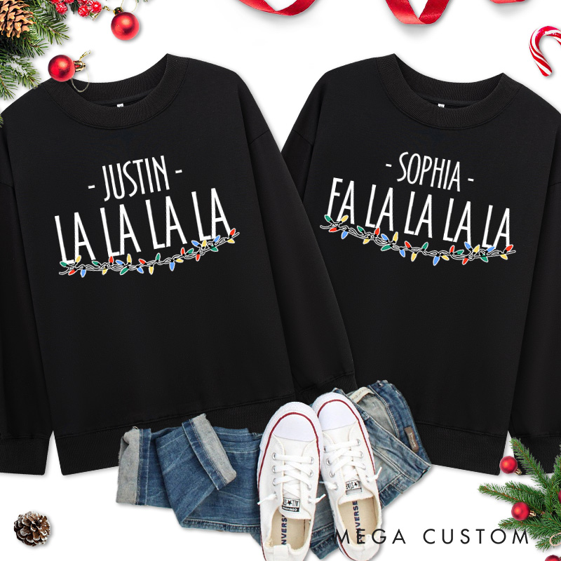 Personalized Couple Funny La La La La with String Lights Christmas Sweatshirt Couple Xmas Matching Sweatshirt for Husband Wife Boyfriend Girlfriend