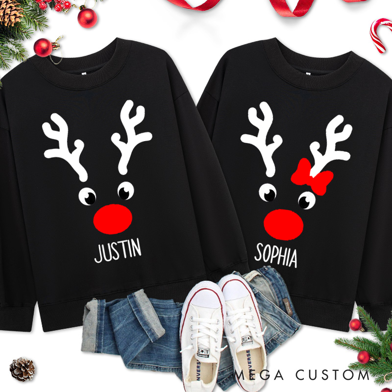 Personalized Couple Cute Christmas Reindeer Matching Sweatshirt with Name Couple Xmas Antler Crewneck Sweatshirt for Husband Wife Boyfriend Girlfriend