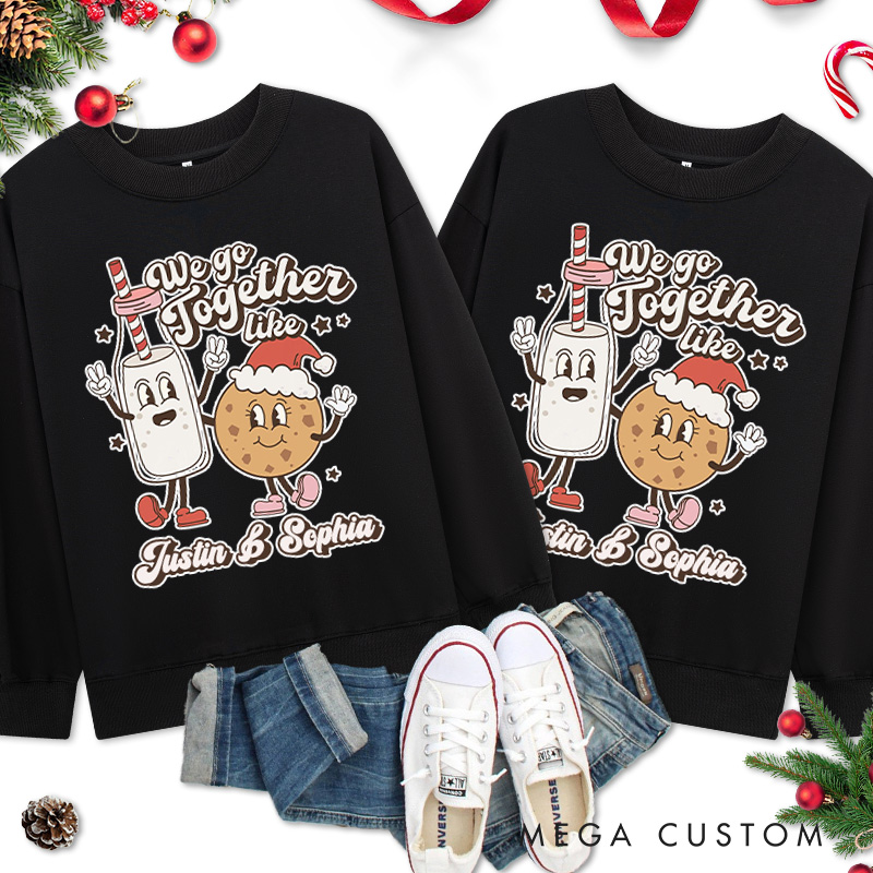 Personalized Couple We Go Together Like Milk and Cookies Christmas Sweatshirt Couple Xmas Matching Sweatshirt for Husband Wife Boyfriend Girlfriend
