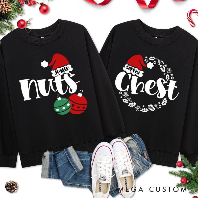 Personalized Couple Funny Nuts with Christmas Balls and Chest with Wreath Sweatshirt Couple Xmas Sweatshirt for Husband Wife Boyfriend Girlfriend