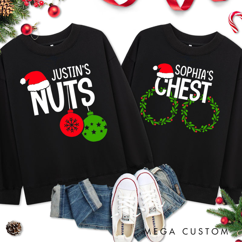 Personalized Couple Fun Nuts and Chest with Santa Hat Sweatshirt Couple Xmas Ball and Wreath Crewneck Sweatshirt for Husband Wife Boyfriend Girlfriend
