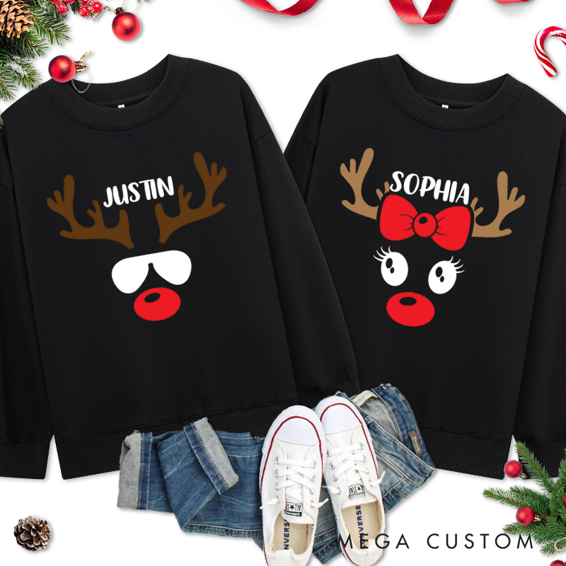 Personalized Couple Reindeer with Sunglasses and Reindeer with Bow Christmas Sweatshirt Xmas Matching Sweatshirt for Husband Wife Boyfriend Girlfriend