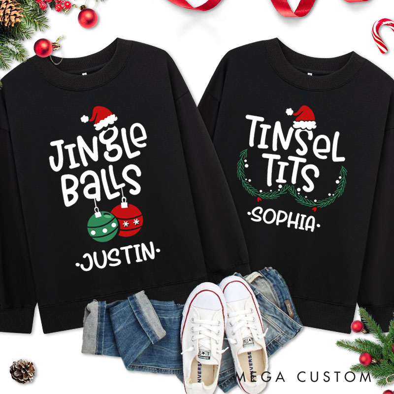 Personalized Couple Cute Jingle Balls and Tinsel Tits Christmas Sweatshirt Xmas Fun Ball and Wreath Sweatshirt for Husband Wife Boyfriend Girlfriend