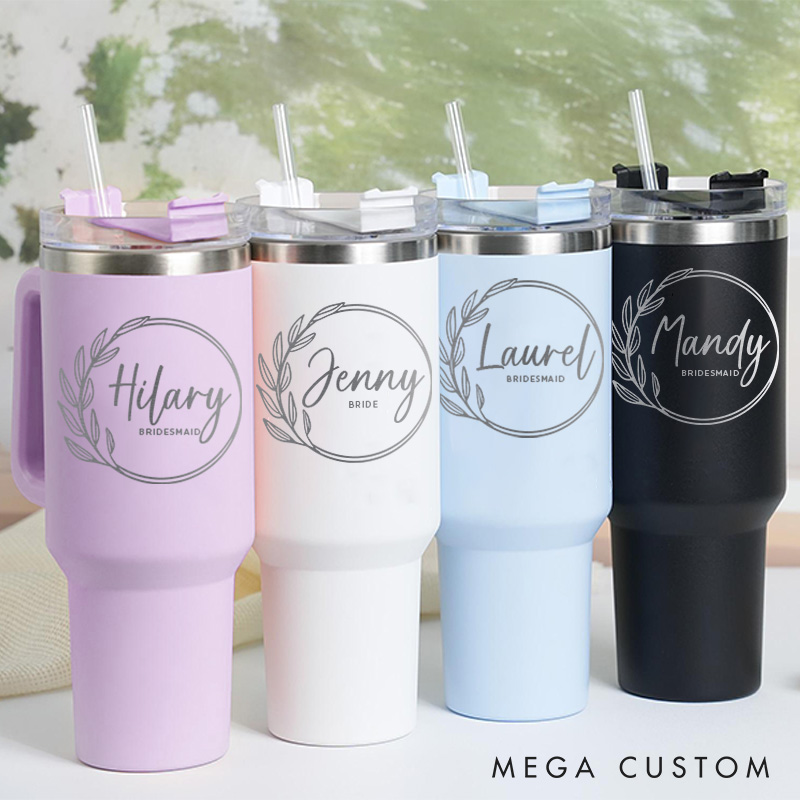 Personalized Bridesmaid Round Wreath 40oz Tumbler Maid of Honor Tumbler with Lid and Straw Bride Bachelorette Party Gift Bridal Shower Tumbler