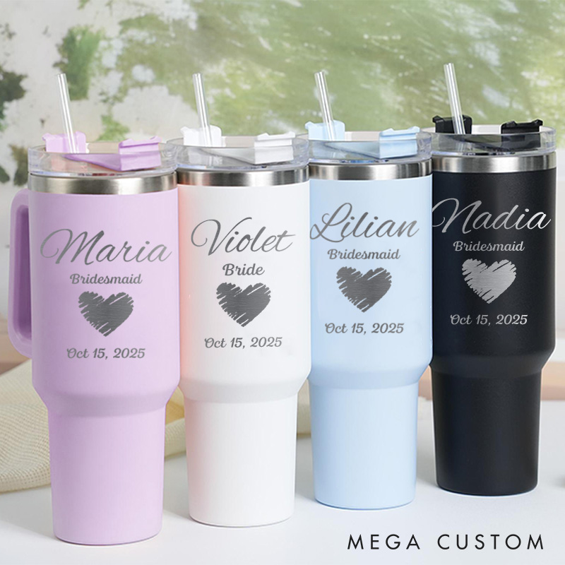 Personalized Bridesmaid Hand-drawn Heart 40oz Tumbler Maid of Honor Tumbler with Lid and Straw Bride Bachelorette Party Gift Bridal Shower Tumbler
