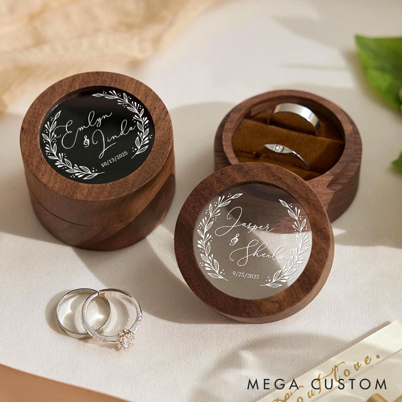 Personalized Couple Wedding Elegant Leaf Wreath Wooden Ring Box Newlywed Name Ring Box with Acrylic Cover Engagement Ring Box Husband Wife Ring Holder