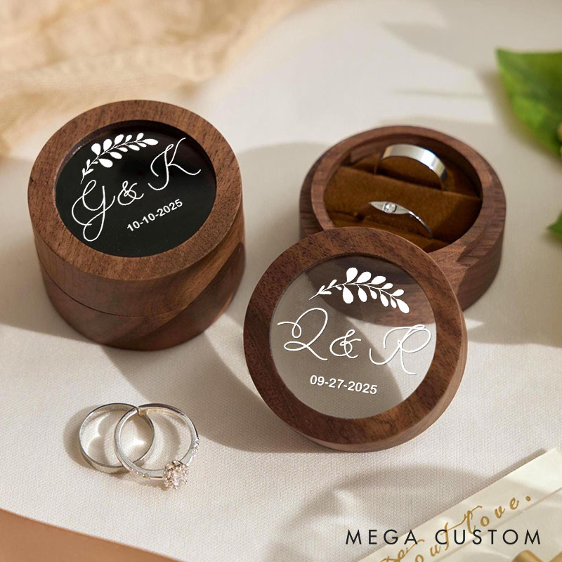 Personalized Couple Wedding Delicate Leaf Wooden Ring Box Newlyweds Initials Round Ring Box with Acrylic Cover Engagement Ring Box Husband Wife Gift