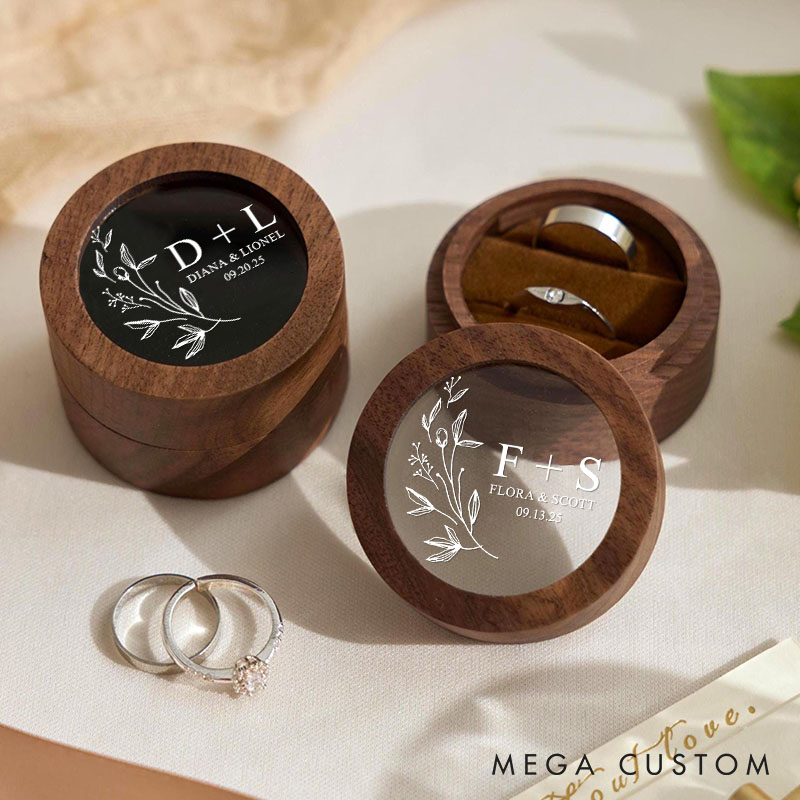 Personalized Couple Wedding Floral Leaf Wooden Ring Box Newlyweds Initials Name Round Ring Box with Acrylic Cover Husband Wife Engagement Ring Box