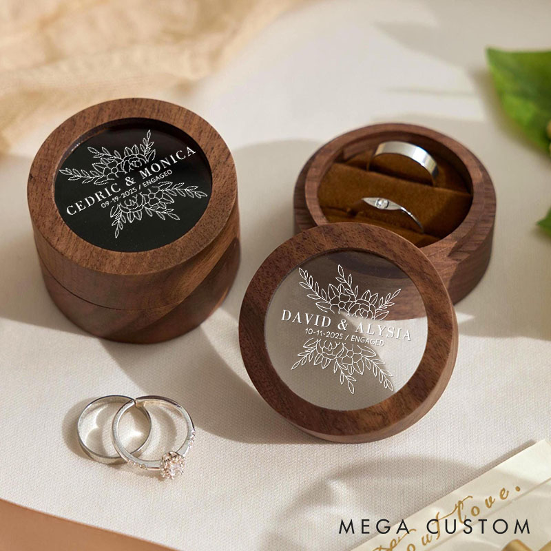 Personalized Couple Engaged Floral Wooden Ring Box Custom Newlywed Name and Date Round Ring Box with Acrylic Cover Wedding Ring Box Husband Wife Gift