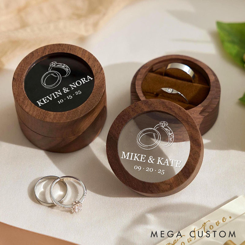 Personalized Couple Charming Wedding Ring Wooden Ring Box Custom Newlyweds Name Ring Box with Acrylic Cover Engagement Ring Holder Husband Wife Gift