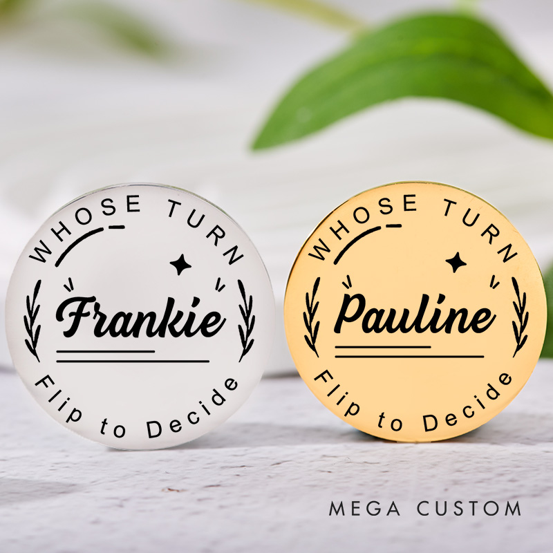 Personalized Couple Name with Wreath Decision Coin Newlyweds Whose Turn Flip to Decide Coin Valentine's Day Gift for Boyfriend Girlfriend Husband Wife