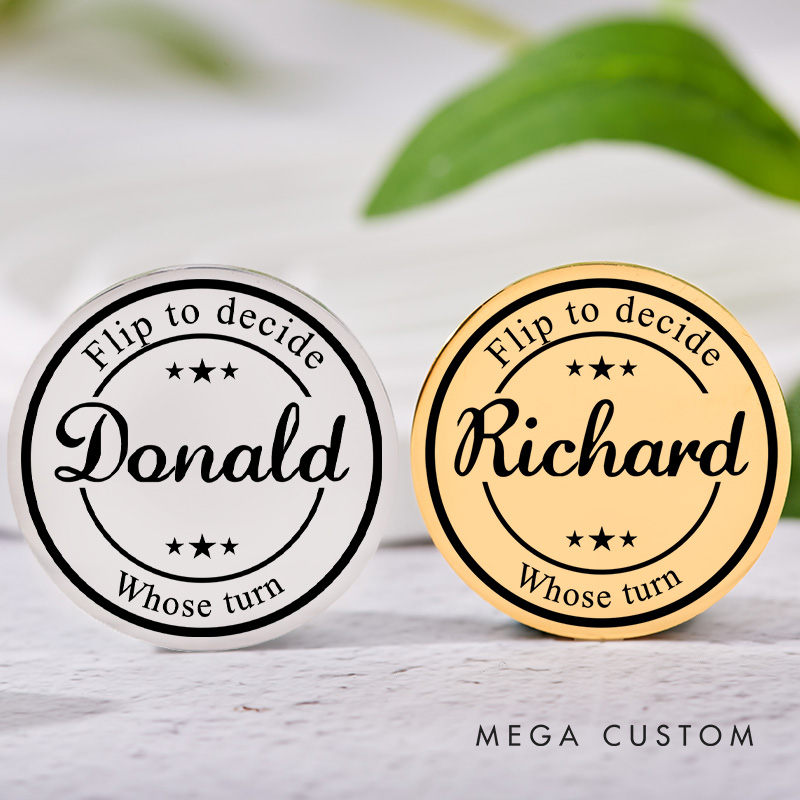 Personalized Couple Name Round Frame Decision Coin Newlyweds Whose Turn Flip to Decide Coin Valentine's Day Gift for Boyfriend Girlfriend Husband Wife