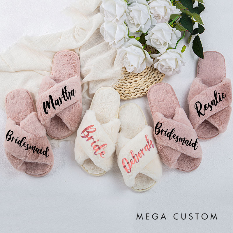 Personalized Stylish Bridesmaid Fluffy Slippers with Name Custom Bride Name Slipper Maid of Honor Slippers Bridal Shower Gift Bachelorette Party Gift