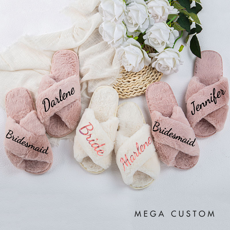 Personalized Luxurious Bridesmaid Fluffy Slippers Custom Bride Name Slipper Maid of Honor Slippers Bridal Shower Gift Bachelorette Party Gift for Her
