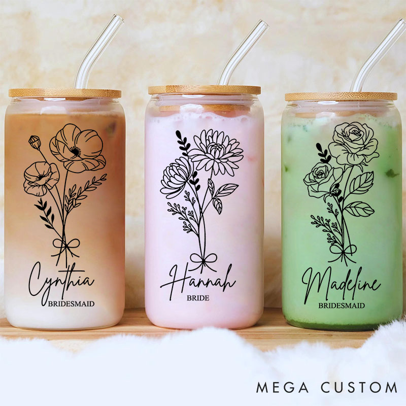 Personalized Bridesmaid Birth Flower Can Glasses with Lid and Straw Custom Bride Name Coffee Cup Bridal Shower Coffee Glasses Bachelorette Party Gift