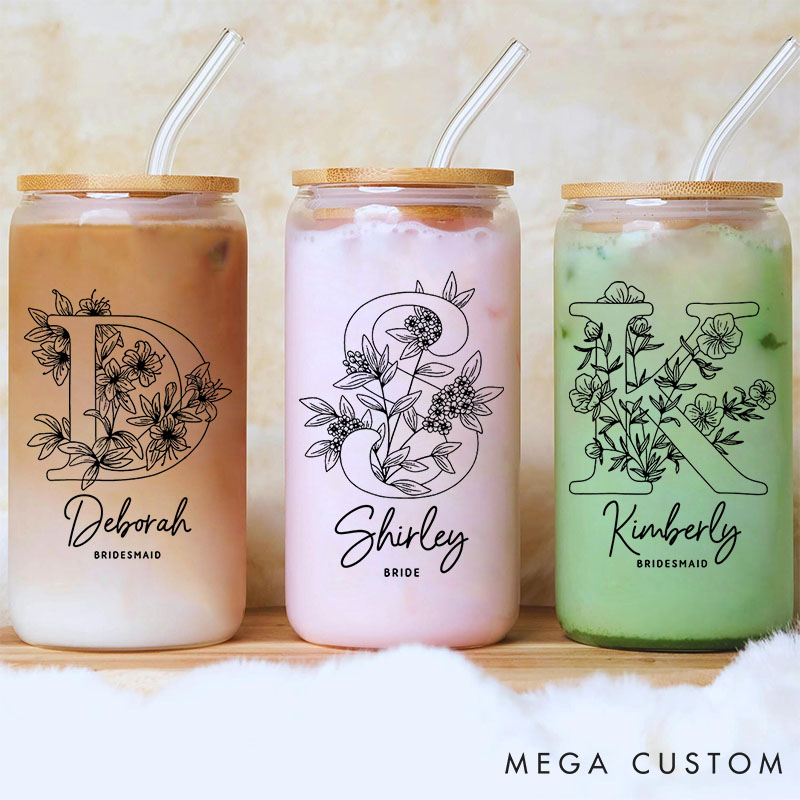 Personalized Bridesmaid Floral Initials Can Glasses with Lid and Straw Custom Bride Name Coffee Cup Bridal Shower Coffee Cup Bachelorette Party Gift