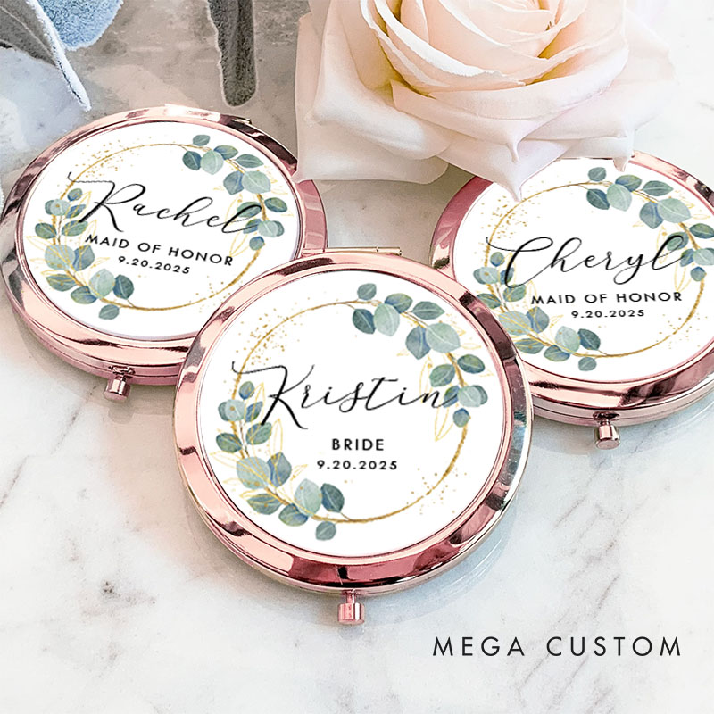 Personalized Bridesmaid Greenery Gold Eucalyptus Wreath Mirror Custom Bride Name Compact Mirror Bachelorette Party Mirror Bridal Shower Gift for Her