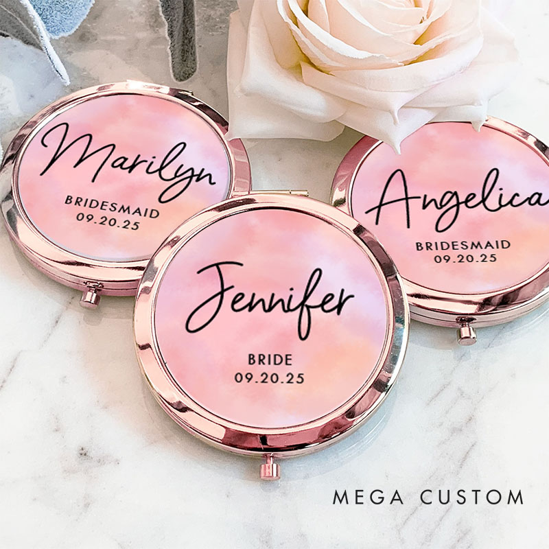 Personalized Bridesmaid Watercolor Pink Mirror Custom Bride Name Compact Mirror Bachelorette Party Mirror Bridesmaid Proposal Bridal Shower Gift