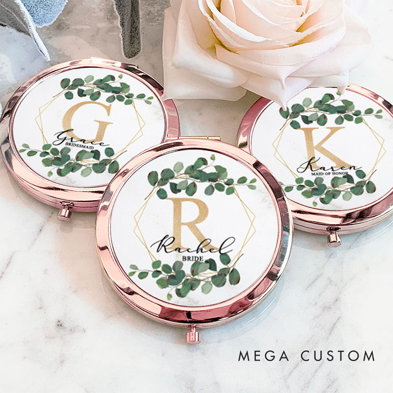 Personalized Bridesmaid Leaf Hexagon Wreath Mirror Custom Bride Name Compact Mirror Bachelorette Party Mirror Bridesmaid Proposal Bridal Shower Gift