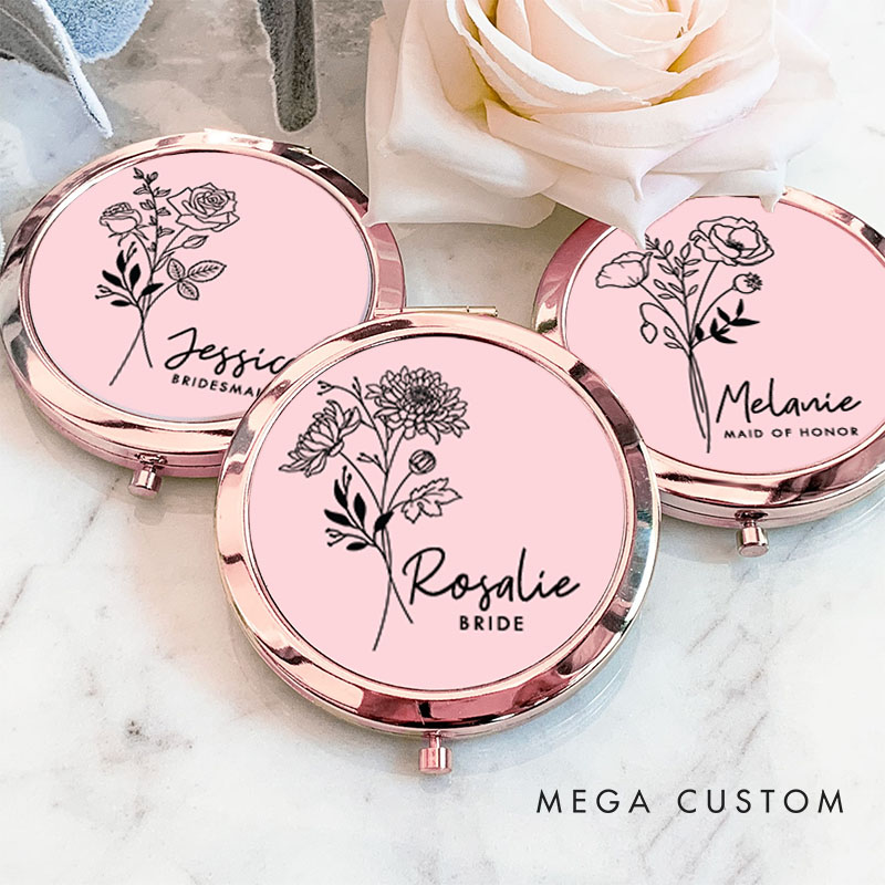 Personalized Bridesmaid Birth Flower Mirror Custom Bride Moth Flower Compact Mirror Bachelorette Party Mirror Bridesmaid Proposal Bridal Shower Gift